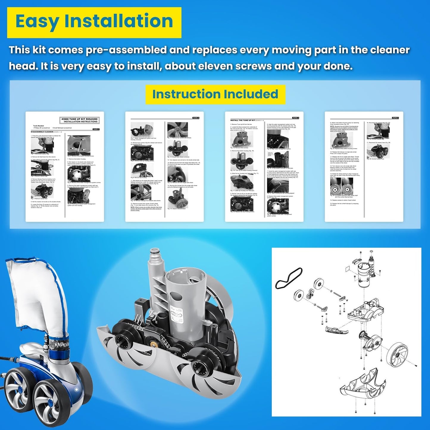 Replacement for Zodiac Polaris R0543200 3900 Sport Robotic Swimming Pool Cleaner Rebuild Kit Tune-Up Kit Accessory Also for P39 Sport Pressure Inground Pool Cleaner Upgraded Silver