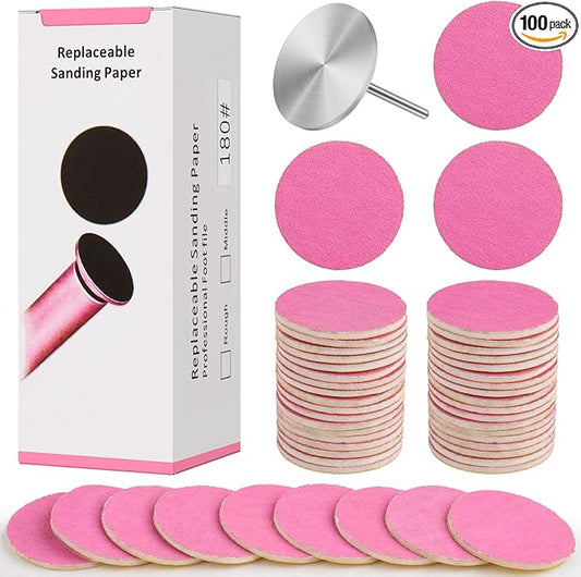 100pcs Sanding Paper Discs with Metal Nail Drill Bit,25mm Foot File Sandpaper Discs #180 Grits for Manicure Pedicure (Pink)