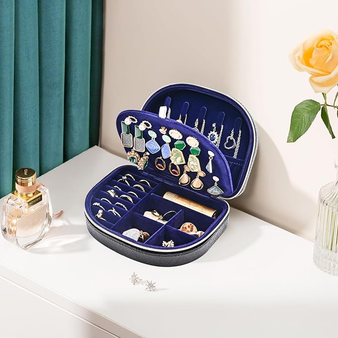 ProCase Travel Size Jewelry Box, Medium Portable Seashell-Shaped Jewelry Case, 2 Layer Mini Jewelry Organizer in PU Leather for Women -Glossy Black