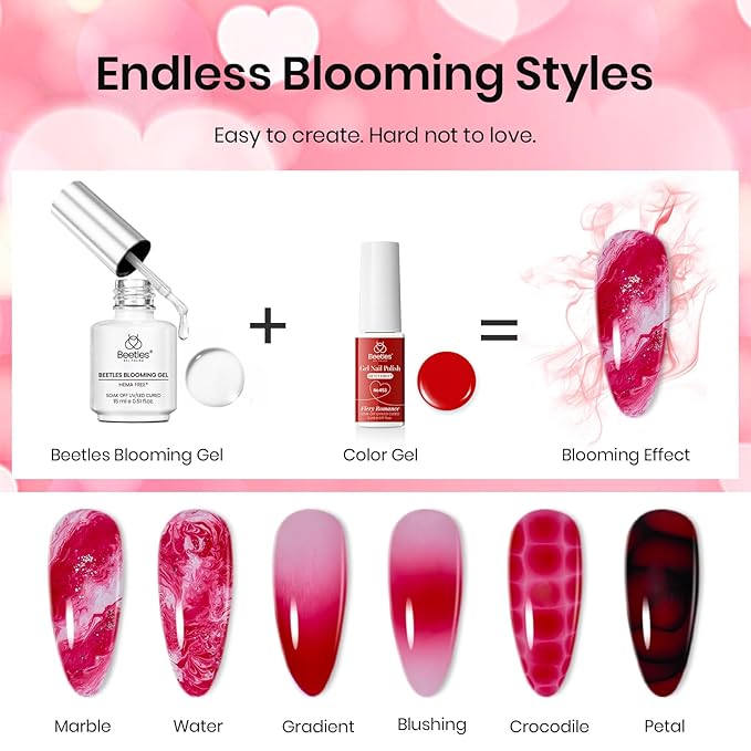 Beetles Blooming Gel Nail Polish Kit - Hema Free Clear Blooming Gel with Red Nail Polish & Nail Art Brush, Soak Off UV/LED for Flower Marble Watercolor Nail Designs DIY Gift Set
