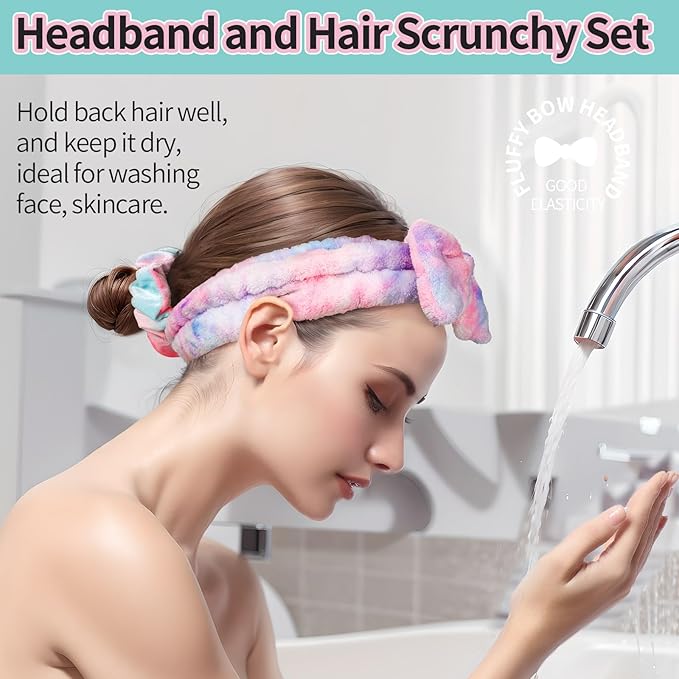 LEOBRO Spa Headband, 6pcs Makeup Headbands and Hair Scrunchies, Bow Skin Care Headband for Washing Face for Women Teen Girls, Hair Bands, Easter Basket Stuffers Valentines Galentines Day Gifts