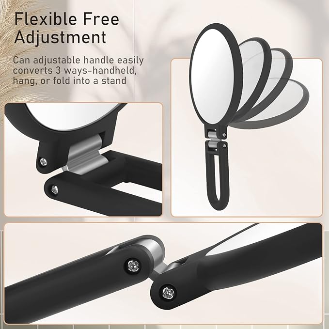 Magnifying Handheld Mirror Double Sided, 1X 15X Magnification Hand Mirrors, Travel Folding Hand Held Mirror, 360°Rotation Pedestal Makeup Vanity Mirror