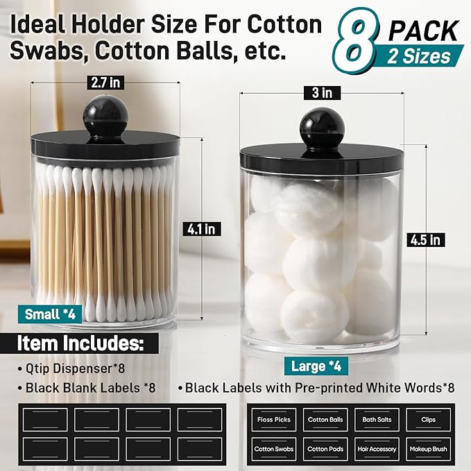 8 Pack Acrylic Qtip Holder Dispenser for Cotton Swabs, Balls, Pads, Floss - Plastic Canister Apothecary Jar Set, Bathroom Essentials Accessories Decor Vanity Makeup Storage Organizer - Clear & Black