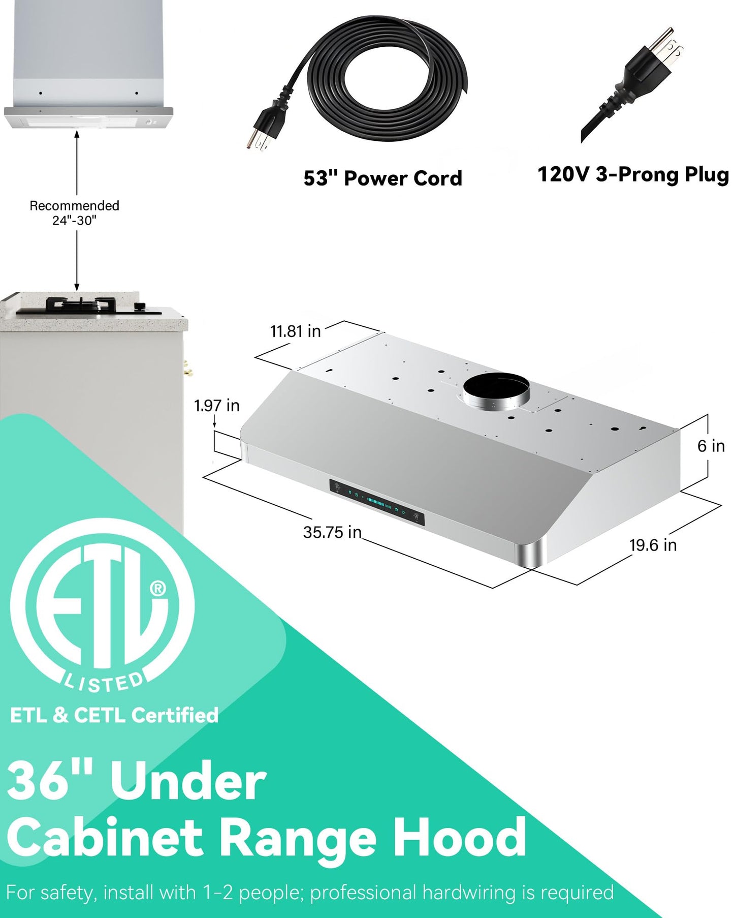 FlyPine 36 inch Stainless Steel Under Cabinet Range Hood - 900 CFM, Gesture Control, Ultra-Quiet 4-Speed Vent, LED Lights, External Venting