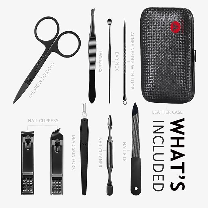 Manicure Set 9 in 1 Stainless Steel, Nail Clippers Scissors Pedicure Tools Kit - Portable Travel Grooming Kit for Men and Women with Black/Red Leather Case (Red)