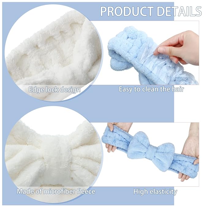 3 Pieces Towel Headbands for Women Makeup Headband for Washing Face Makeup Spa Headband, Microfiber Bowtie Shower Headband for Women(Light Orange, Blue, White)