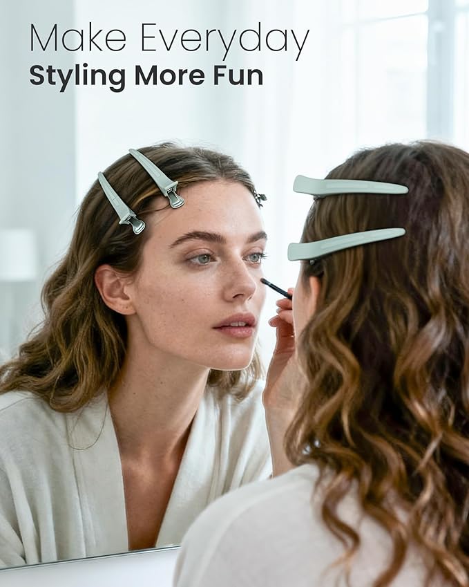 AIMIKE 4.8" Hair Clips for Styling – Built-In Silicone Band Duckbill Hair Clips, No-Crease Sectioning Clips for Thick, Curly Hair, Ideal for Makeup, Hairstyling & Rollers, 6-Pack, Sage Green