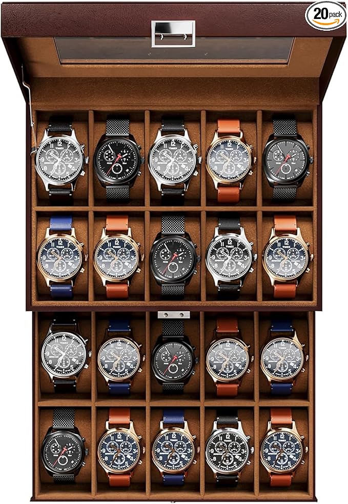 ProCase Watch Box for Men, 12 Slot Mens Watch Case With Drawer, Watch Display Case With Glass Lid, 2-Layer Watch Holder Organizer, Jewelry and Watch Storage for Men Women -20 Slot, Espresso