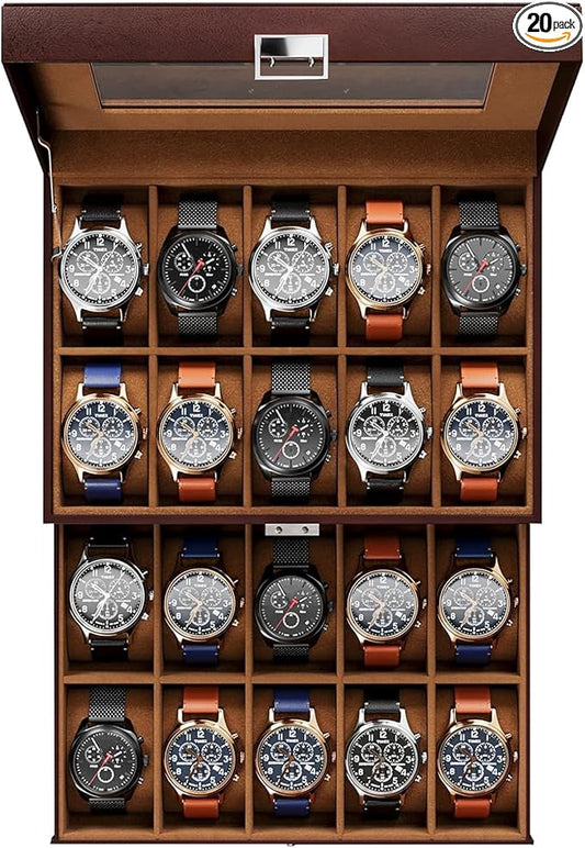 ProCase Watch Box for Men, 12 Slot Mens Watch Case With Drawer, Watch Display Case With Glass Lid, 2-Layer Watch Holder Organizer, Jewelry and Watch Storage for Men Women -20 Slot, Espresso