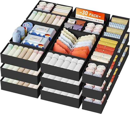 DIMJ Drawer Organizer Clothes, 28Pack Dresser Organizer, Foldable Closet Organizers and Storage, Fabric Dresser Bins, Drawer Dividers for Nursery, Baby Clothes, Underwears, Sock,Black