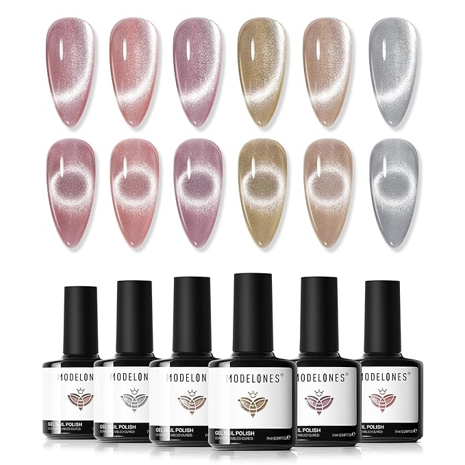modelones Gel Nail Polish Set, 6 Colors Nude Pink Silver 9D Glassy Cat Eye Glitter Gel Polish Semi-transparent Neutral Brown Nail Polish Soapnails with Magnet Soak Off Led Nail Art DIY Gift