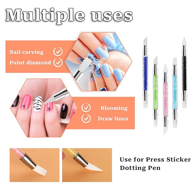 5 Pcs Nail Art Sculpture Pen Dual Tipped Silicone Nail Tools Nail Art Acrylic Pen Silicone Brushes for Resin Nail Art Tools for Design Nail Foil Carving Drawing Shaping Drawing Effect