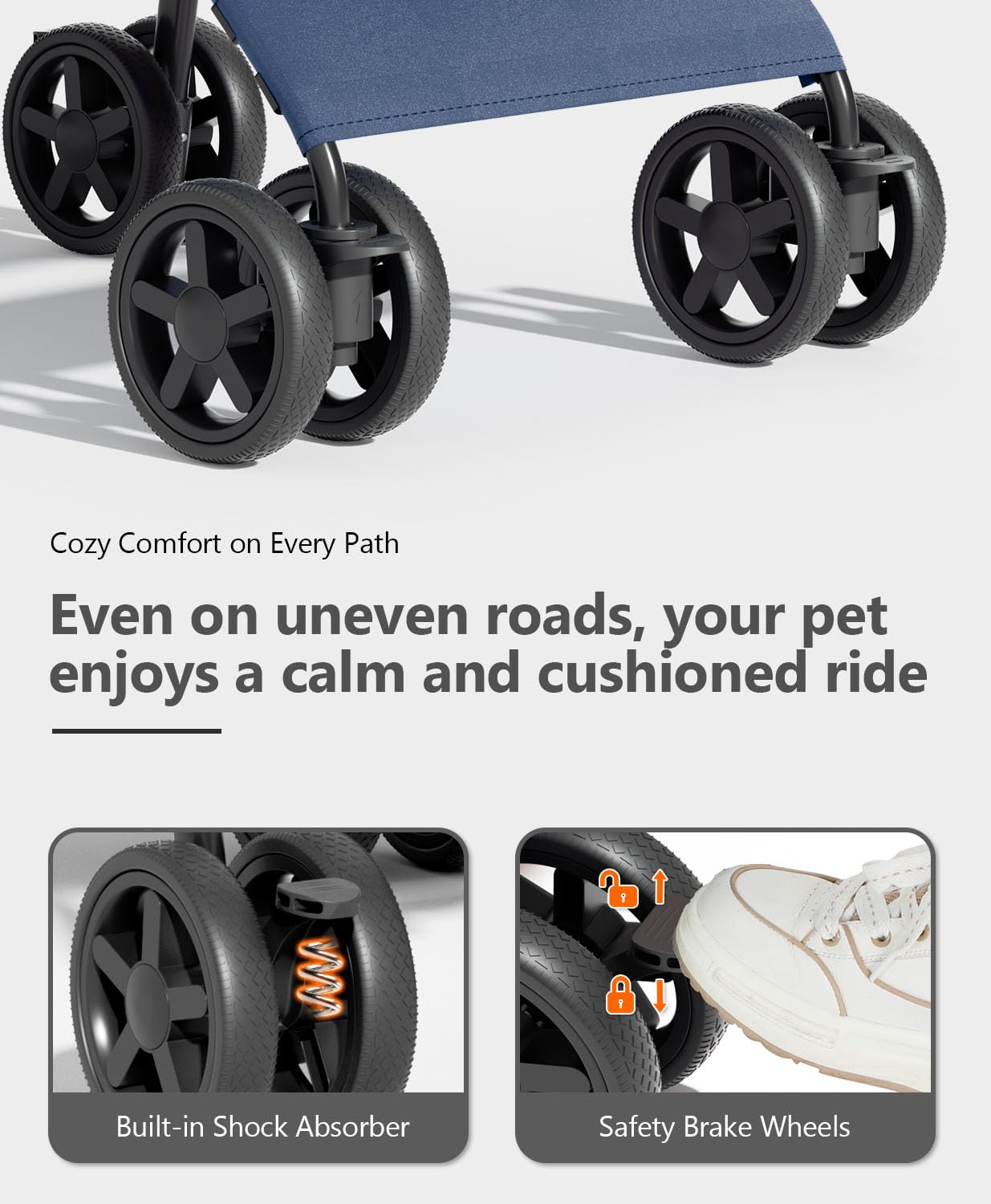 OS MOTOR Pet Stroller with 4 Wheels for Small/Medium Pets, Portable Travel Foldable Carrier Jogger for Dog Cat Puppy Kitty, Rear Wheel Breaks, Storage Basket, Visible Mesh Weather Cover (Navy Blue)