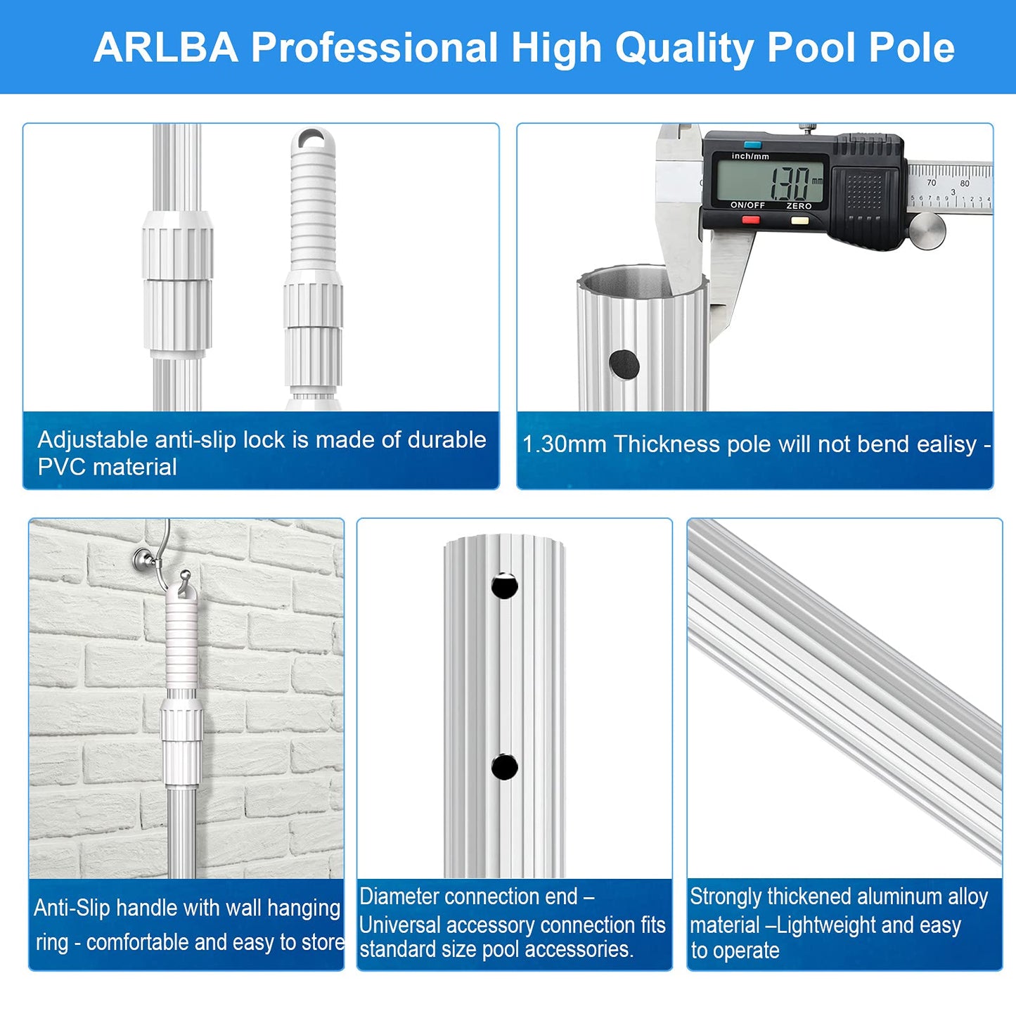 ARLBA Upgraded Professional 16.5 Feet Swimming Pool Pole Telescopic Aluminum Thicken 1.30mm Adjustable Fits Skimmer Net Rake Vacuum Head Brush Pool Cleaning Equipment Heavy Duty -Universal Fit 1-1/4