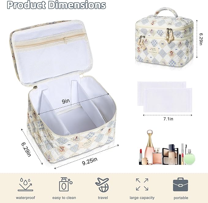Makeup Bag, Portable Travel Make up Bag, Large Capacity Quilted Cosmetic Organizer Bag, Cute Floral Toiletry Bag for Women Girls (Bear Pattern)
