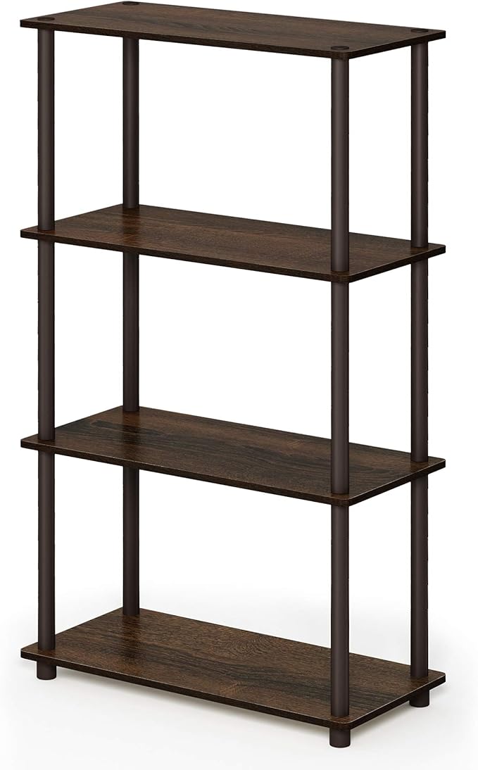 Furinno TURN-N-TUBE Storage Shelves, 4-Tier Toolless Book Shelf, Corner Shelf, Toolless Open Shelves, for Organization and Storage, Living Room, Garage, Home Office, Walnut