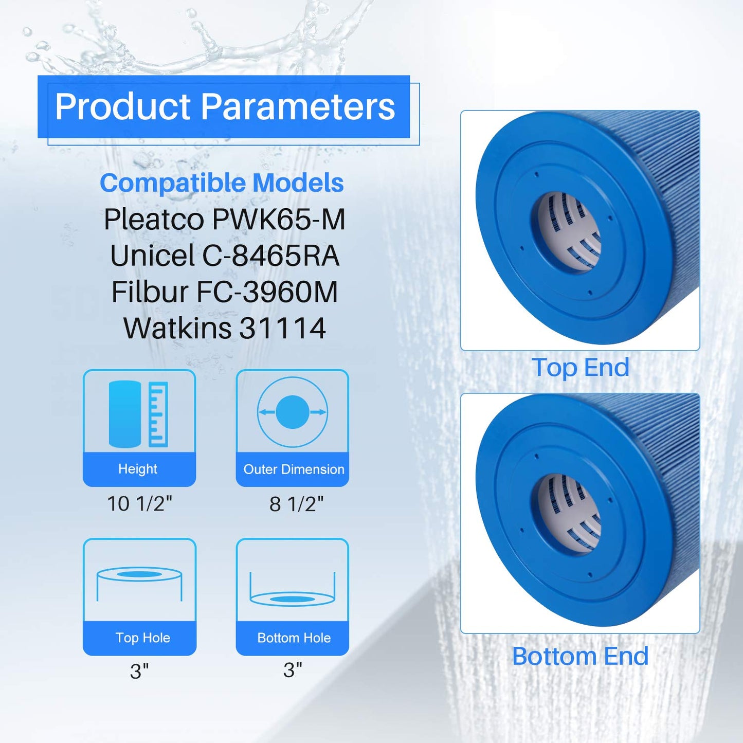POOLPURE PLFC-8465-M Spa Filter Replaces Watkins 31114, Compatible Unicel C-8465RA, Pleatco PWK65-M, Filbur FC-3960M, 71827, 71828, 65 sq. ft Hot Spring Spa Filter 1 Pack (Anti-Biofilm)