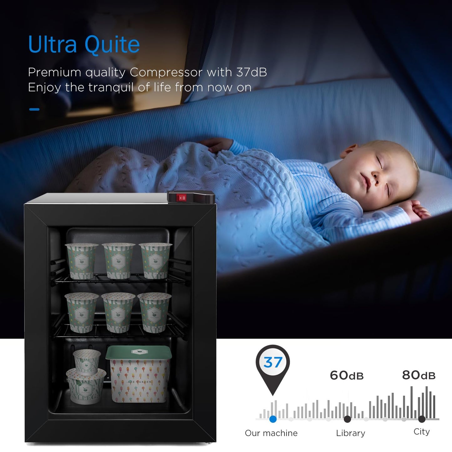 ADT Mini Freezer with Display Glass Door 2.1 Cu Ft Small with 2 Removable Shelves 7 Temperature Settings -8°F to 14°F Perfect for Liquor and Ice Cream