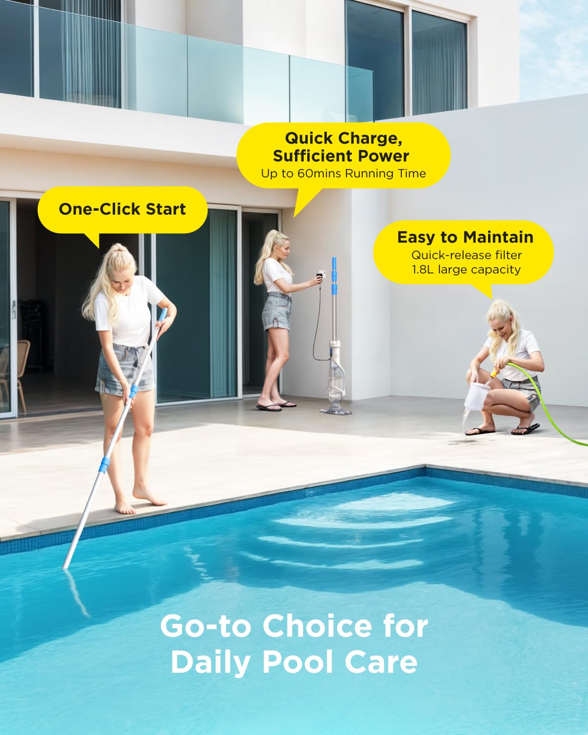 InoKraft Pool Vacuum for Above Ground Pool, Cordless Pool Vacuum for Inground Pools, Rechargeable Pool Cleaner with 18.5 GPM Suction, Above Ground Pool Vacuum with 59” Extendable Pole, Yellow