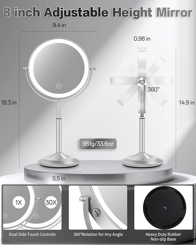 VFD 30X/1X Makeup Mirror with Lights, Height Adjustable Lighted Magnifying Vanity Mirror with 3 Lighting and Adjustable Brightness, 3000mAh Rechargeable Double Sided Switch for Desk Women Gift