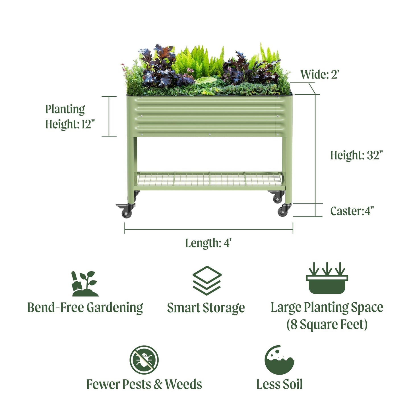 Rolling Elevated Raised Garden Bed-V Series, 2' x 4' Garden Beds with Legs & Storage Rack for Patio & Porch, 700 Lbs Weight Capacity, Outdoor Planter Box for Vegetables Flower Herbs, Pearl White