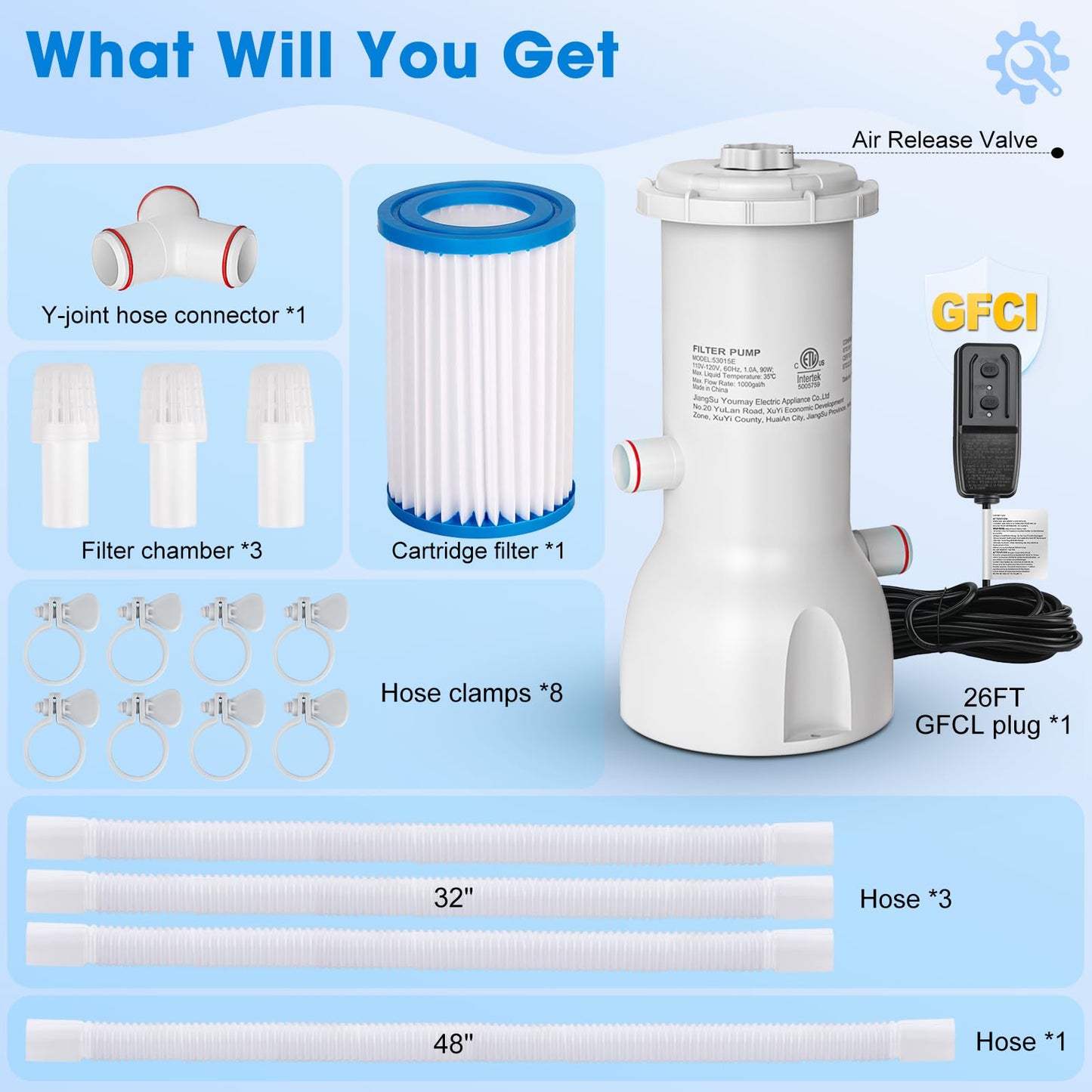 Pool Pump and Filter Above Ground, 1000 Gallon Swimming Filter Cartridge Pumps, Electric Pools Water Pump Filter for Pools Sand Cleaning Tool, 1000 GPH Filters Pumps for Above Ground