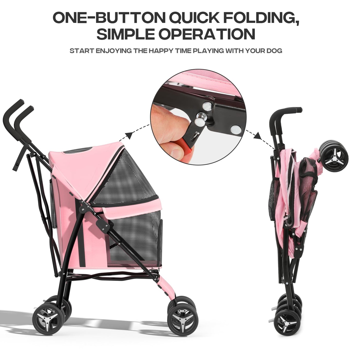 Dog Stroller for Small Dogs 10 lbs -22lbs Puppy Stroller Medium Dog Wagon Small Pet Stroller for Cats, Cat Strollers for 2 Cats, Rear Storage, Pink
