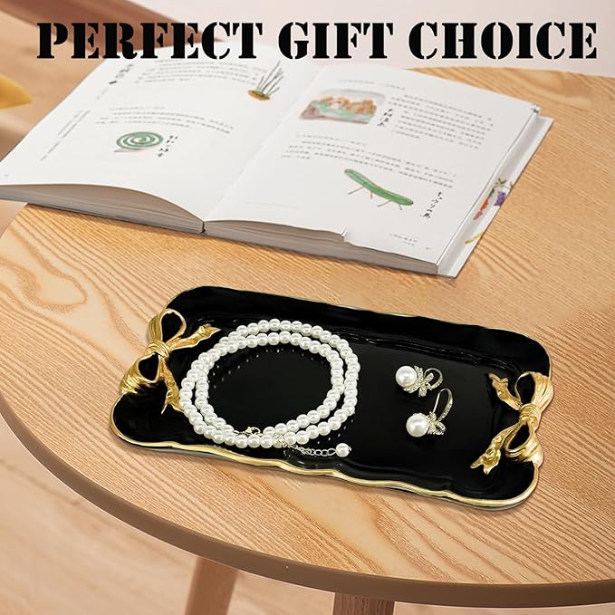 Vintage Decorative Tray Jewelry Tray Towel Tray Storage Tray Rings Necklace Bracelets Earrings Trays Cosmetics Jewelry Organizer Retro Design Bow Decor Resin Plate Coquette Room Decor (Black)