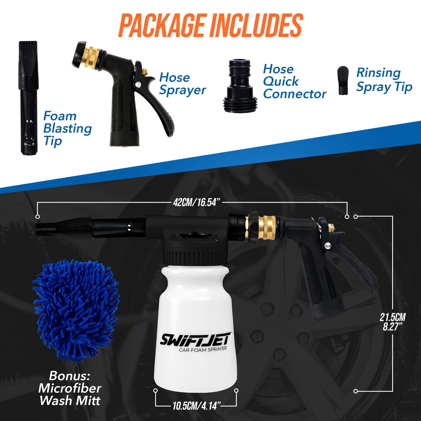 SwiftJet Car Wash Foam Gun + Microfiber Wash Mitt - Works with Any Soap - Garden Hose Car Foam Sprayer - Foam Cannon Car Wash Kit - Car Accessories Foam Blaster (Black Foam Gun with Mitt)