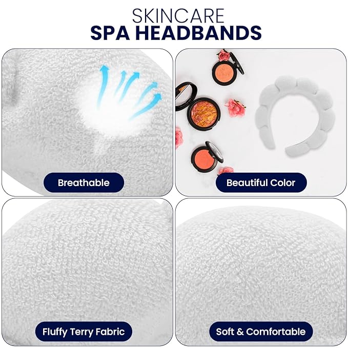 Spa Headbands for Washing Face, Makeup and Skincare. 4 Pc Set of Skin Care Head band with Wristbands. Puffy Terry Cloth, Non Slip Get Ready Hairband for Women, Teens, Girls. Cute Hair Accessories.