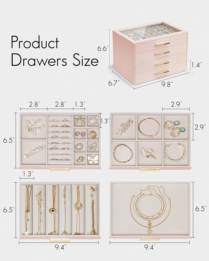 VLANDO 4 Layer Jewelry Box for Women, Glass Lid Jewelry Organizer with 4 Drawers for Necklaces Rings Earrings Bracelets - Dark Pink