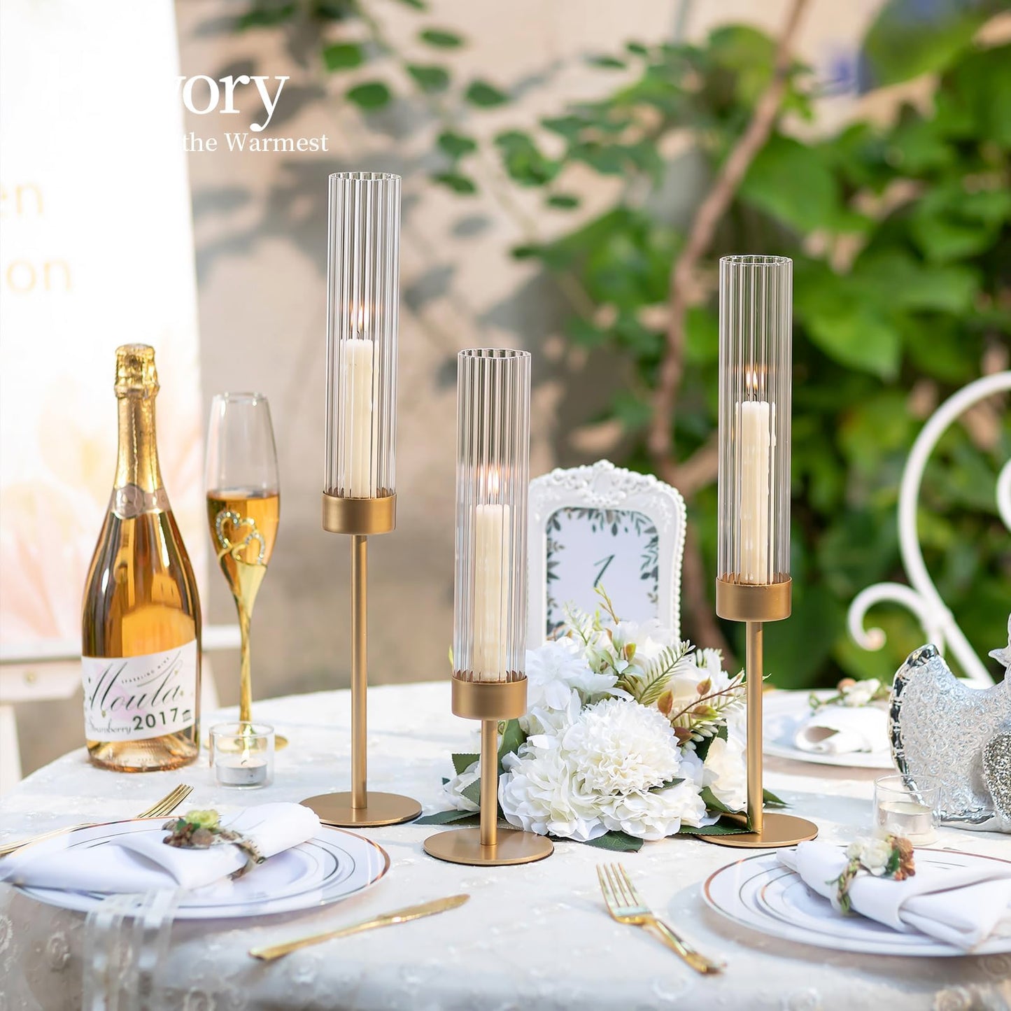 Hewory Gold Hurricane Candle Holders: Brass Candlestick Holders Set of 3 Tall Taper Candle Holders for Candlesticks Candle Sticks Holder Decor for Table Centerpiece Wedding Party Christmas Decorations