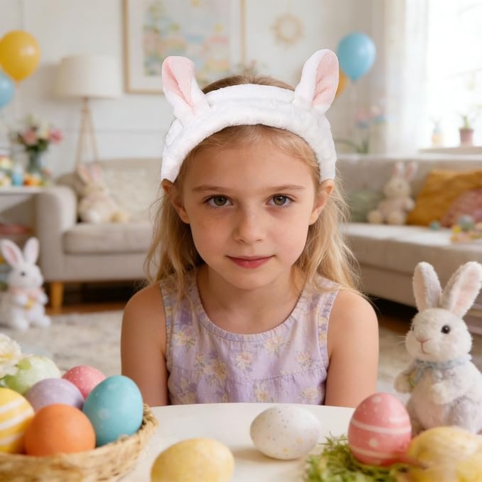 YISSION Cute Bunny Ear Spa Headband and Wristband Set for Women and Girls - Soft Plush Makeup Headband with Wrist Towels for Face Washing, Skincare, Shower, Easter Party Favors (White & Blue)