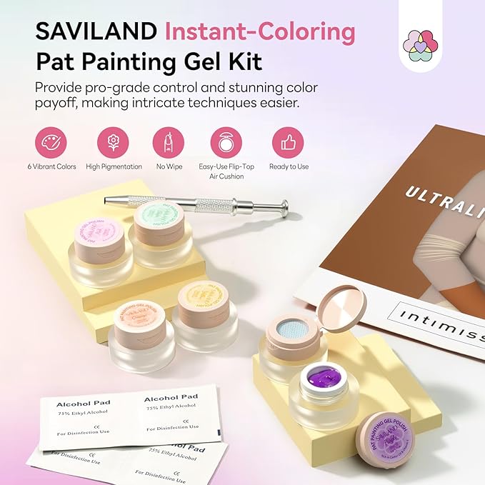 SAVILAND Cushion Patting Gel Polish Kit: 6 Colors Pat Pat Gel Colorful Ombre Painting Gels with 100PCS Sponges Pigmented No Wipe Pats Gels Polish Palette Gradient Blush Aura Nail Art Home Salon Use