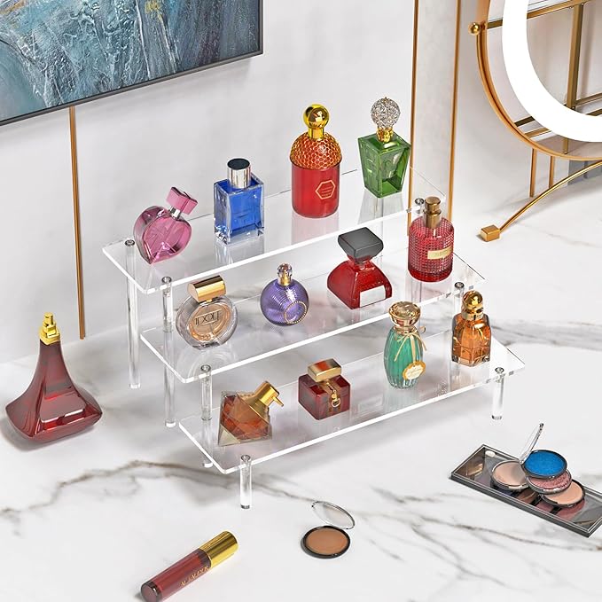 3 Tier Acrylic Display Risers, Large Perfume Organizer Stand, Clear Cupcake Stand Holder, Display Shelves for Figurines, Dessert Shelf for Party, Risers Display Stand for Decoration (2 Pack)