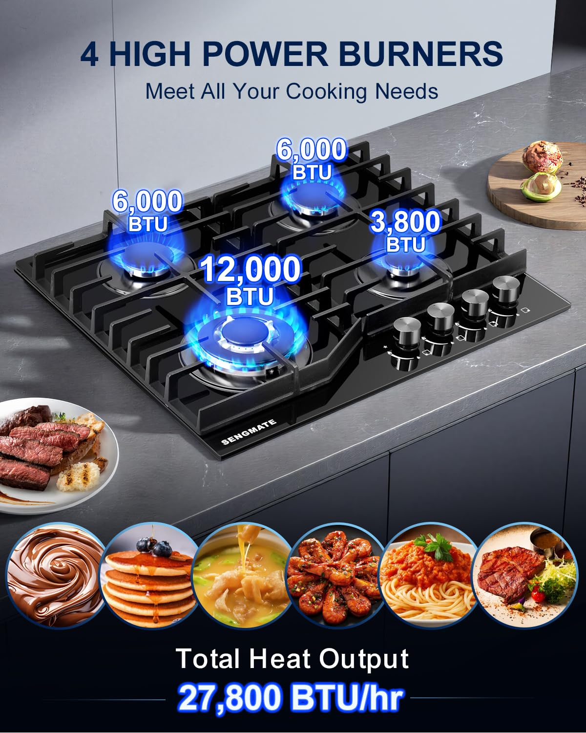 SENGMATE 24 Inch Gas Cooktop, 4 Burner Gas Stove Top, Built-In or Countertop Design, Black Tempered Glass, NG/LPG Convertible, Flame Failure Protection, Ideal for Home Kitchens, RVs & Compact Spaces