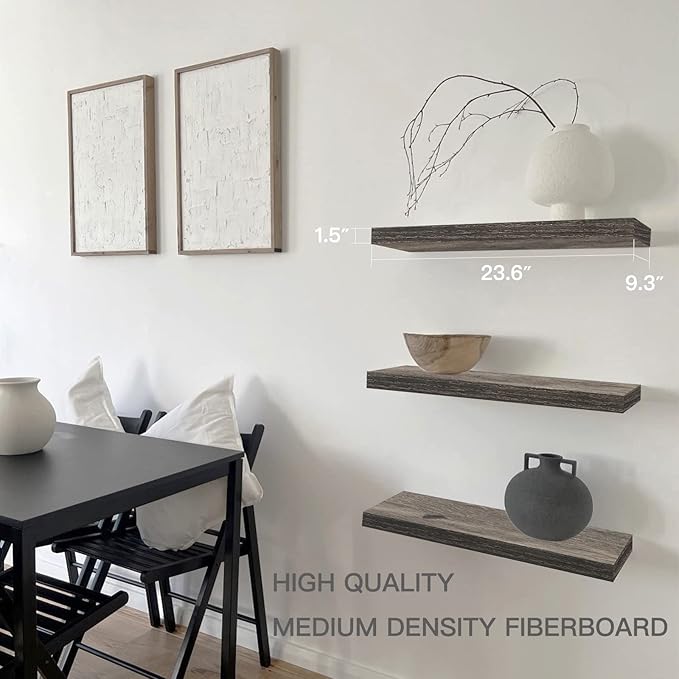 QEEIG Floating Shelves for Wall 23.6" Long - Wall Mounted Shelf Bathroom Kitchen Living Room Bedroom Farmhouse Home Decor Display Bookshelf Large 23.6 x 9.3 inch Set of 2, Grey (008-60GY)