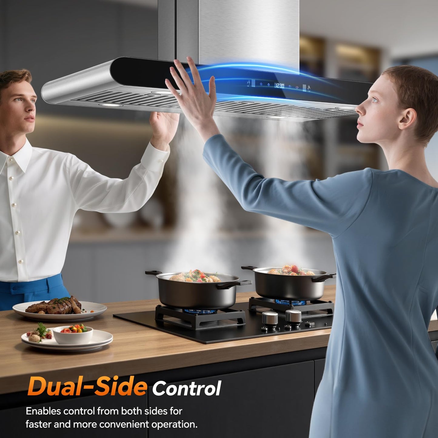 Tiesay Island Range Hood 36 Inch, 700 CFM kitchen Hood with Dual-Sided Touch/Gesture/Remote Control, Ceiling Mount, Convertible Ducted/Ductless, 3-Speed Fan, 3 Stainless Steel Baffle Filters