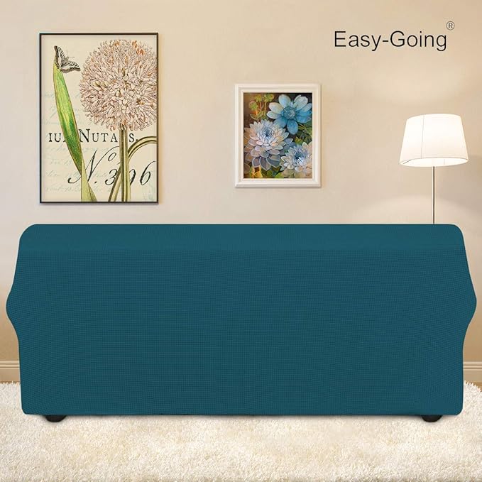 Easy-Going Stretch 4 Seater Sofa Slipcover 1-Piece Sofa Cover Furniture Protector Couch Soft with Elastic Bottom for Kids, Polyester Spandex Jacquard Fabric Small Checks Peacock Blue