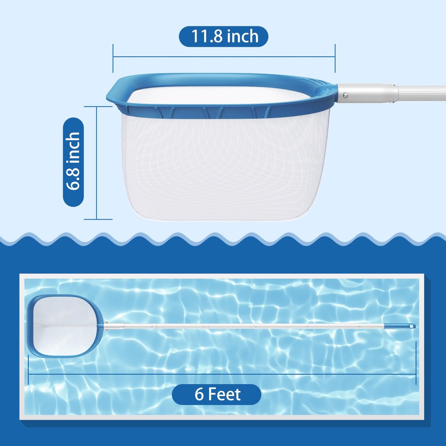 SORSWEET Professional Pool Skimmer Net 6 Feet with 6 Aluminum Poles - Fine Mesh for Fast Debris Removal - Ideal Pool Nets for Cleaning Ponds, Spas, and Hot Tubs - Efficient Pool Maintenance