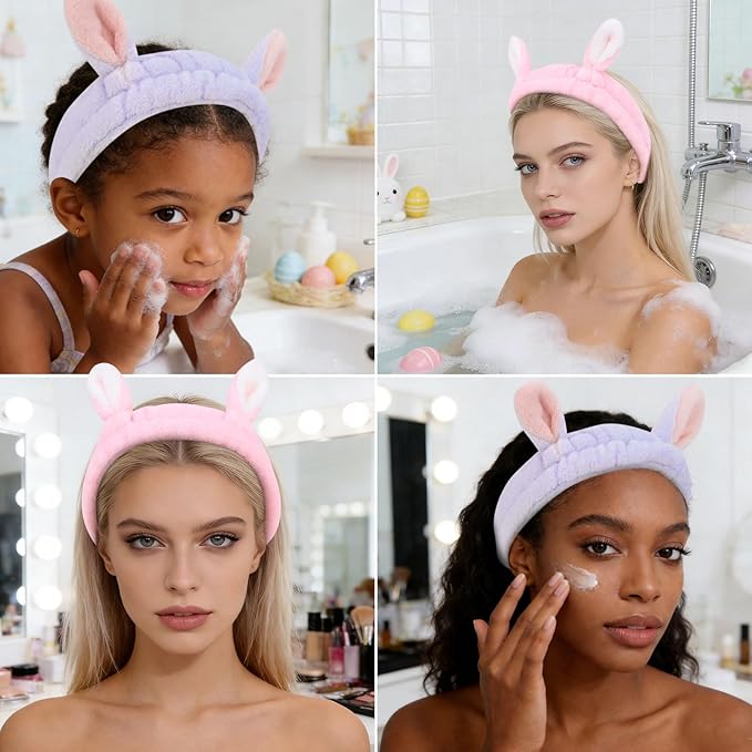 YISSION Cute Bunny Ear Spa Headband for Women and Girls - Soft Plush Makeup Headband for Face Washing, Skincare, Shower, Easter Party Favors (2 Pack, Pink & Purple)