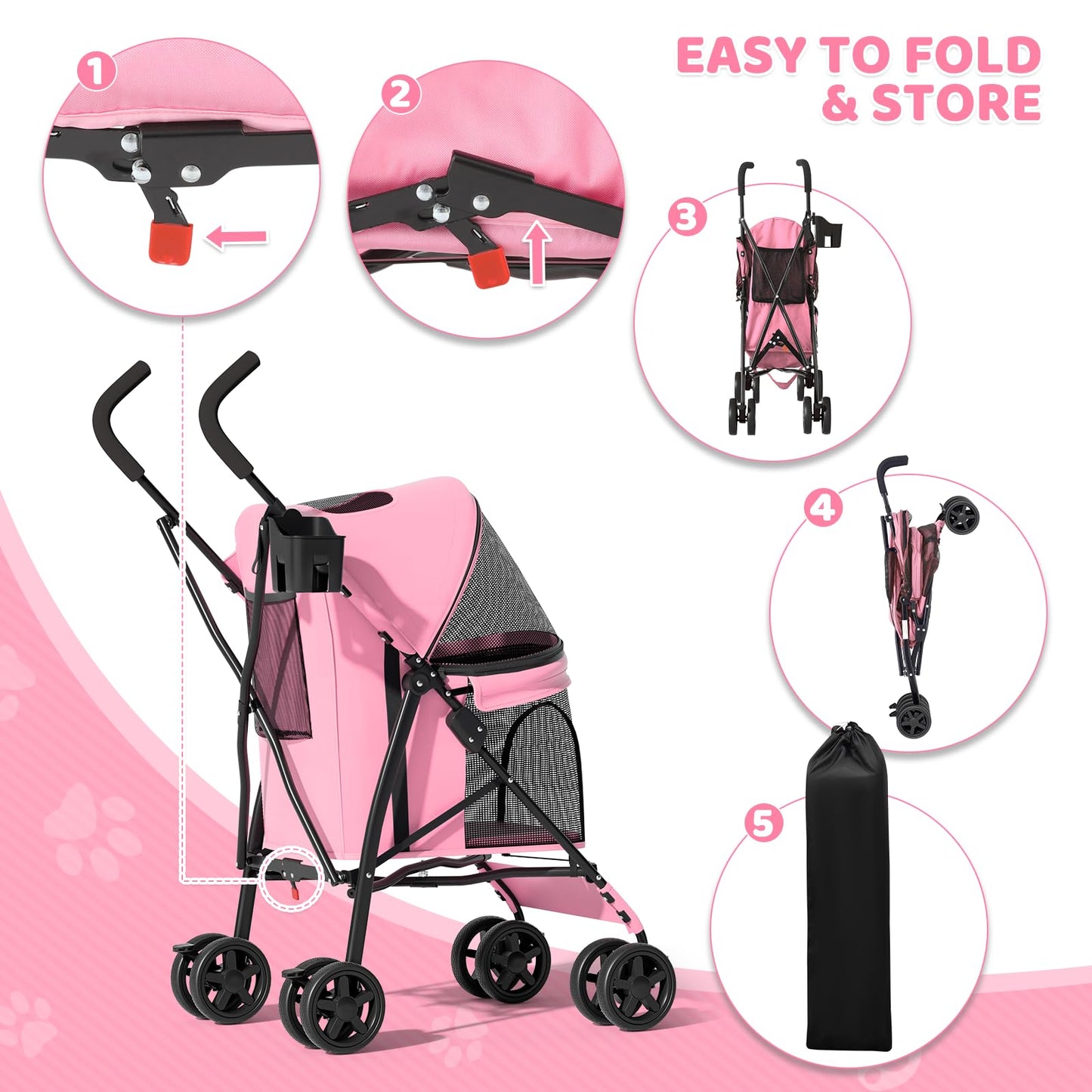Magshion Compact Pet Stroller for Small-Medium Dogs/Cats up to 22lbs, 4-Wheel Lightweight Umbrella Shaped Portable Puppy Travel Jogger with Breathable Mesh, Cup Holder & Rear Storage, Pink