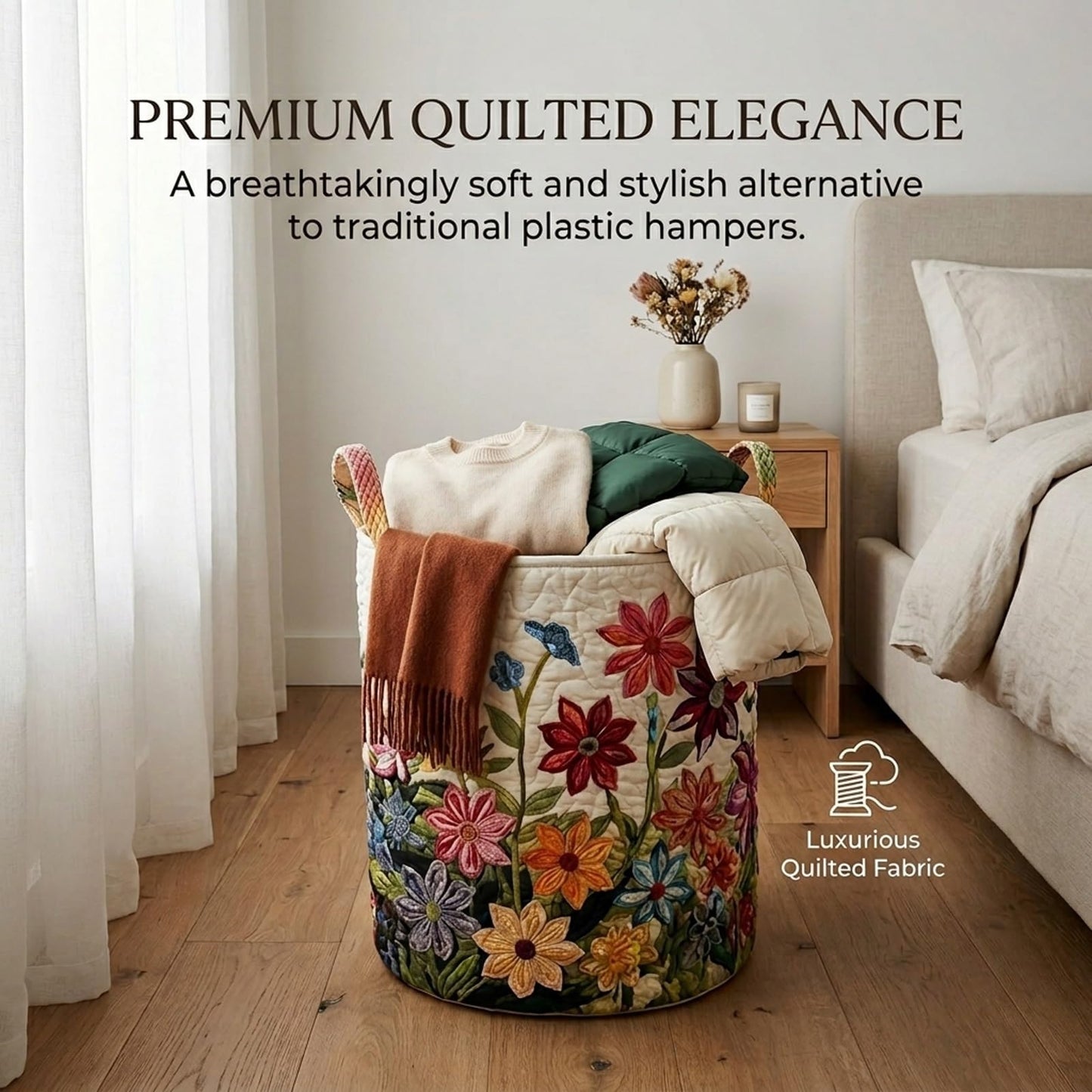 Quilted Laundry Baskets, Large Floral Boho Fabric Storage Hamper with Handles, Collapsible Soft Clothes Organizer Tote for Nursery House Styling, Portable Bedroom Washing Container