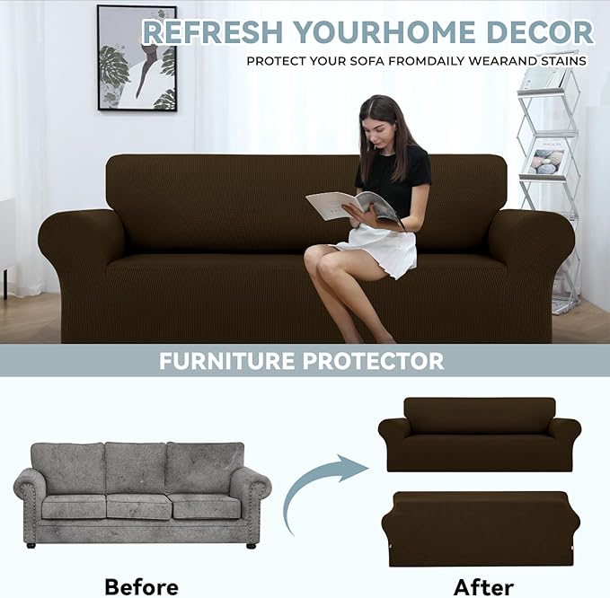 LURKA Stretch Sofa Slipcovers 1 Piece Couch Covers for 3 Cushion Couch Sofa Furniture Protector Full Sofa Covers with Elastic Bottom for Kids and Dog (Brown, Large)