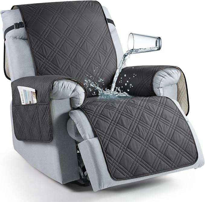 TAOCOCO Waterproof Recliner Chair Cover, Non Slip Oversized Recliner Covers for Recliner Chair with Pocket, Reclining Chair Cover Furniture Protector for Kids, Pets(28'', Charcoal Gray)