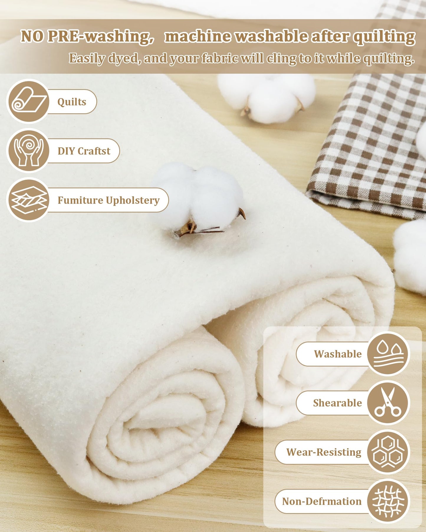 PLANTIONAL Grinding Natural Cotton Quilt Batting: 79-Inch x 91-Inch Light Weight Purely Natural All Season Quilt Batting for Quilts, Craft and Wearable Arts