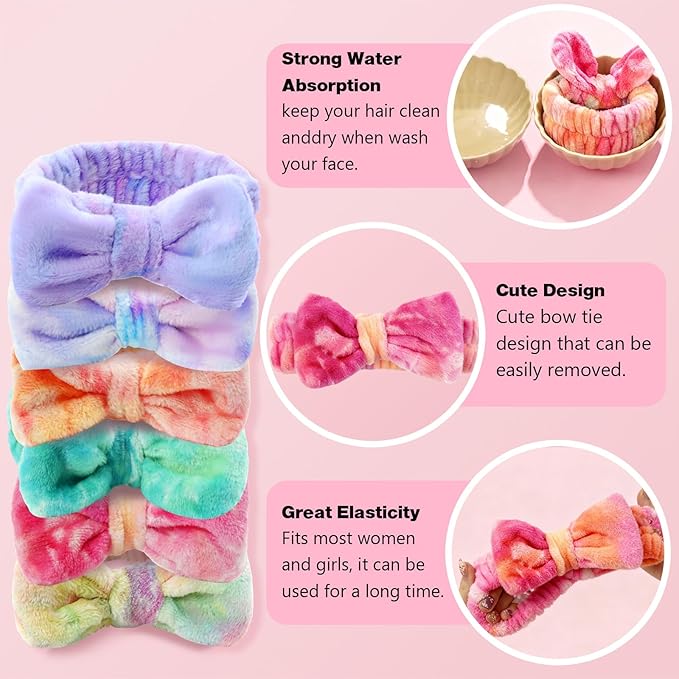 6 Pcs Spa Headband for Washing Face,Skincare Headband with Removable Bow,Furry Face wash Headbands,makeup Headbands for Women,Teen,Girls,Christmas Gifts