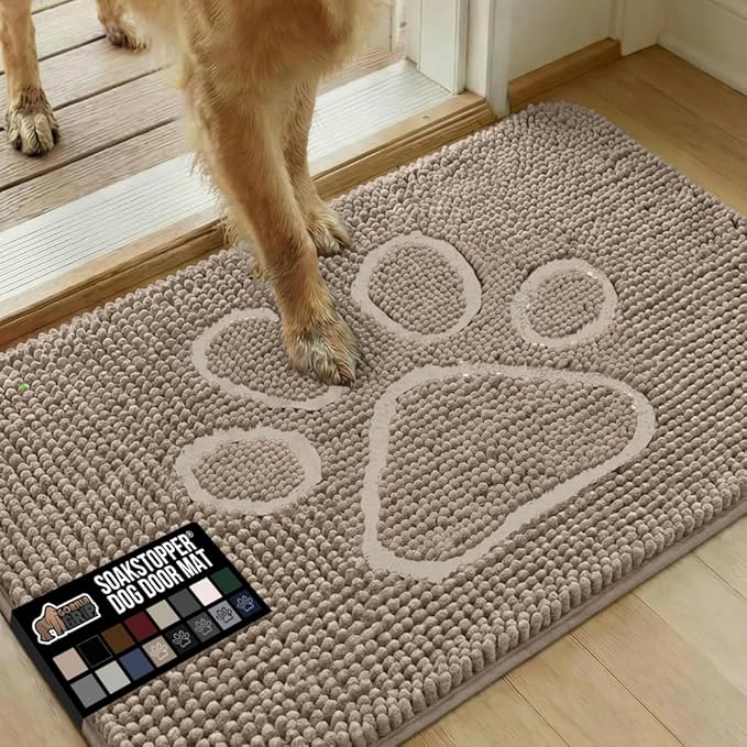 GORILLA GRIP SoakSTOPPER Dog Door Mat, 35x24 Machine Washable Rug Absorbent Doormat Captures Moisture Mud Dirt, Quick Dry Soft Chenille Entryway Rugs Indoor Entrance Mats for Dog Paws, Paw Beige Ivory