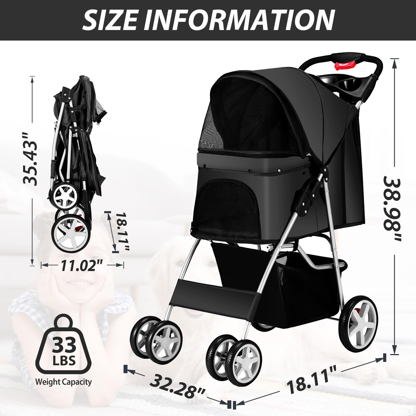 Unisakey 4 Wheels Pet Stroller for Small Medium Dogs Cats 10-33 lbs, Foldable Dog and Cat Stroller with Cup Holder & Storage Basket & Breathable Mesh, Pet Strolling Cart for All-Season, Black