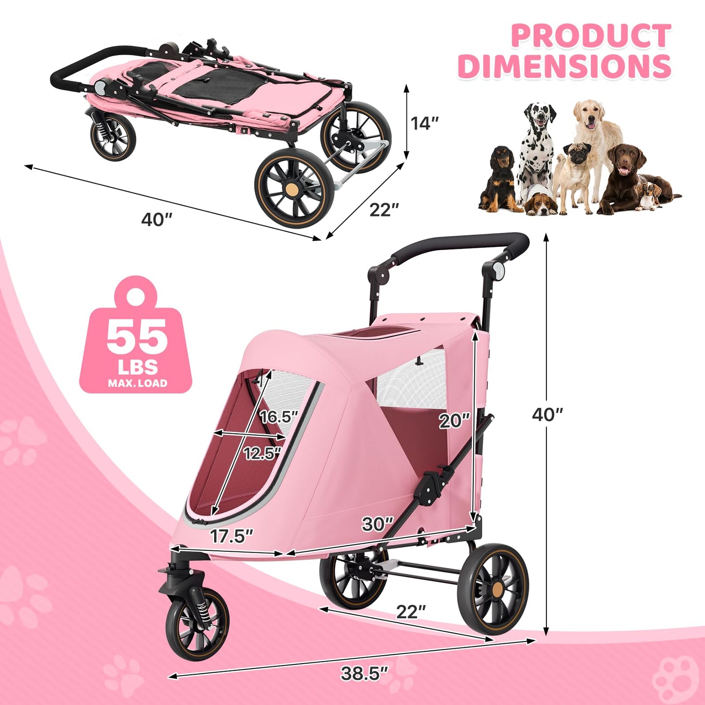 Magshion Pet Stroller for Medium Dogs w/Adjustable Handle, 3-Wheel Dog Cat Wagon w/Dual Entry, Rear Storage, Breathable Mesh, One-Foot Brake, Ideal for Large Pets up to 55 lbs, Pink